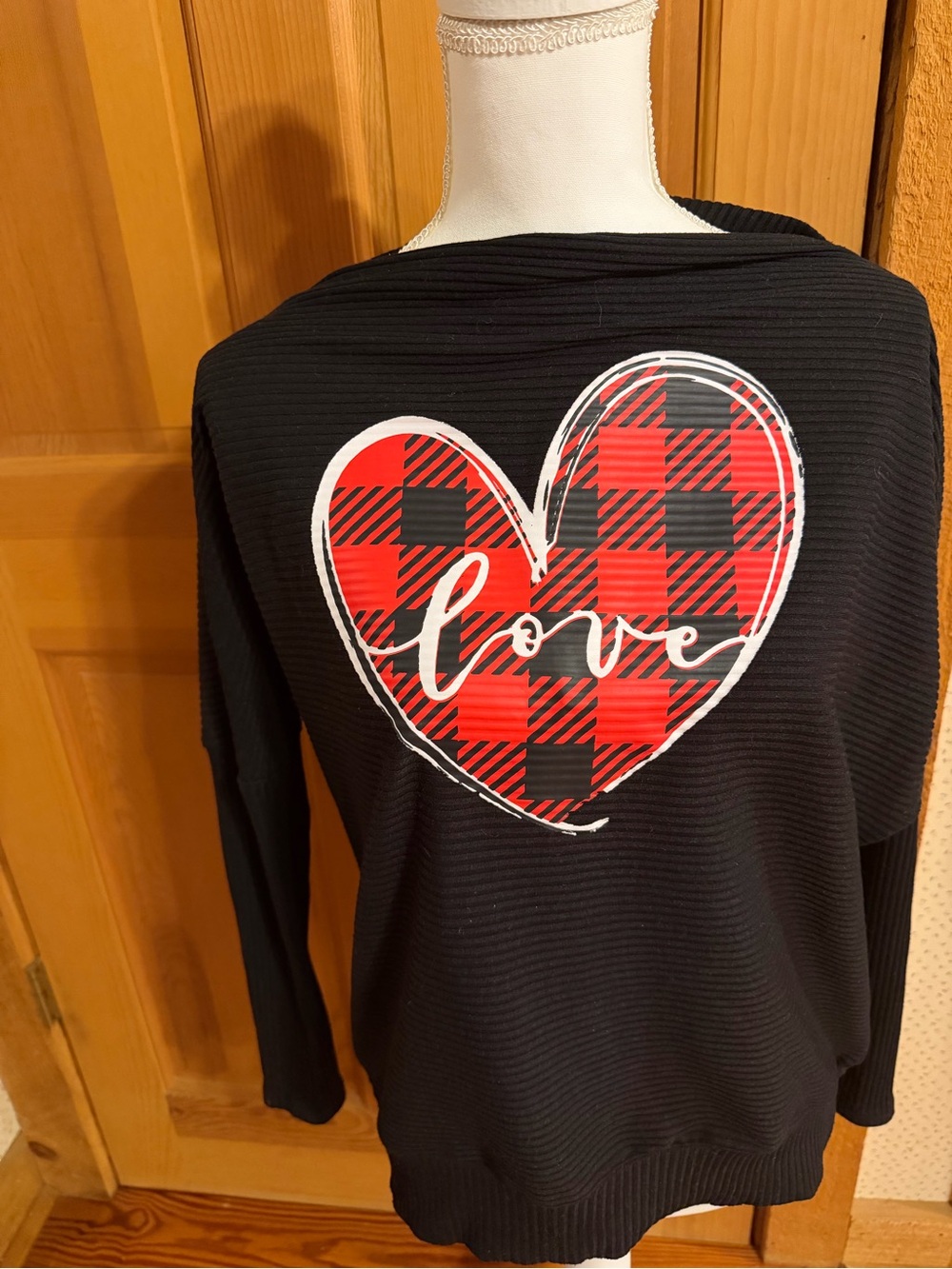 Black Crewneck Sweater with Red Buffalo Plaid Heart